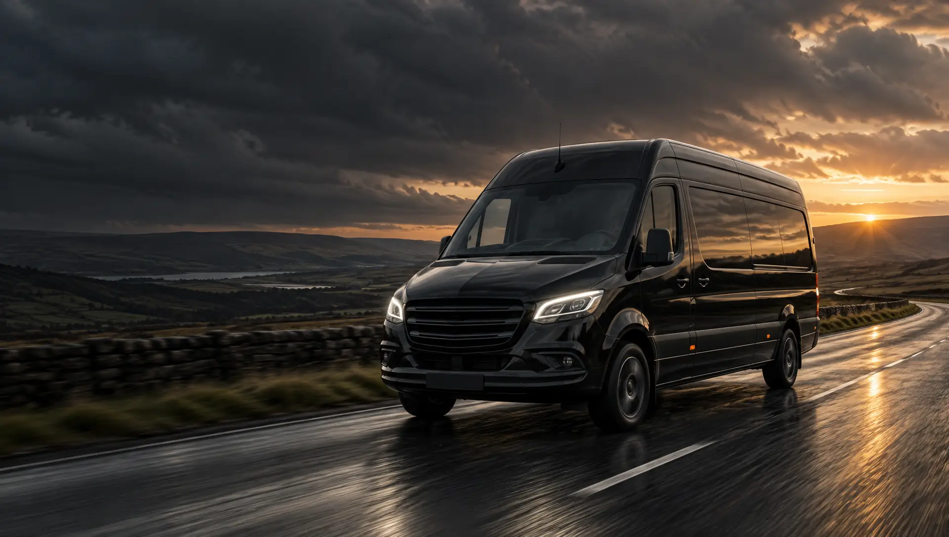 A black Mercedes-Benz courier van driving through British countryside at dusk
